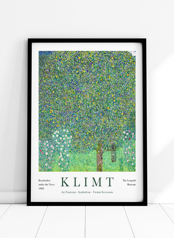 Rosebushes Under the Trees art print by Gustav Klimt is one of those paintings that feels like a memory. Klimt created it while spending summers by Lake Attersee, where he let go of heavy symbolism and focused on the beauty of everyday nature. The leaves turn into a mosaic of greens and yellows, almost buzzing with life, while the small rosebushes ground everything with a soft, gentle sweetness.