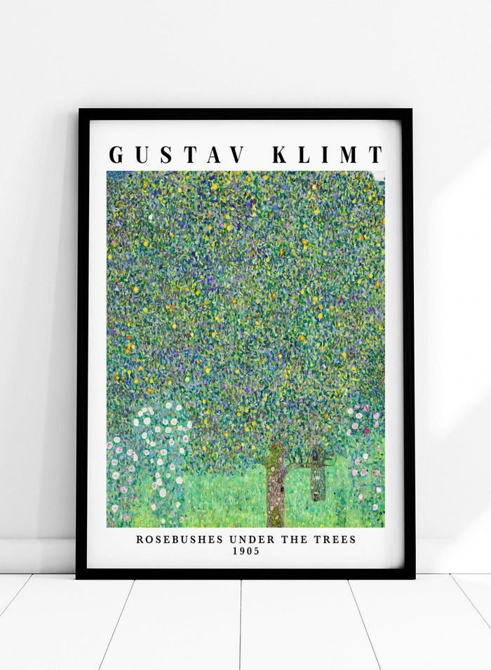 Rosebushes Under the Trees art print by Gustav Klimt is one of those paintings that feels like a memory. Klimt created it while spending summers by Lake Attersee, where he let go of heavy symbolism and focused on the beauty of everyday nature. The leaves turn into a mosaic of greens and yellows, almost buzzing with life, while the small rosebushes ground everything with a soft, gentle sweetness.