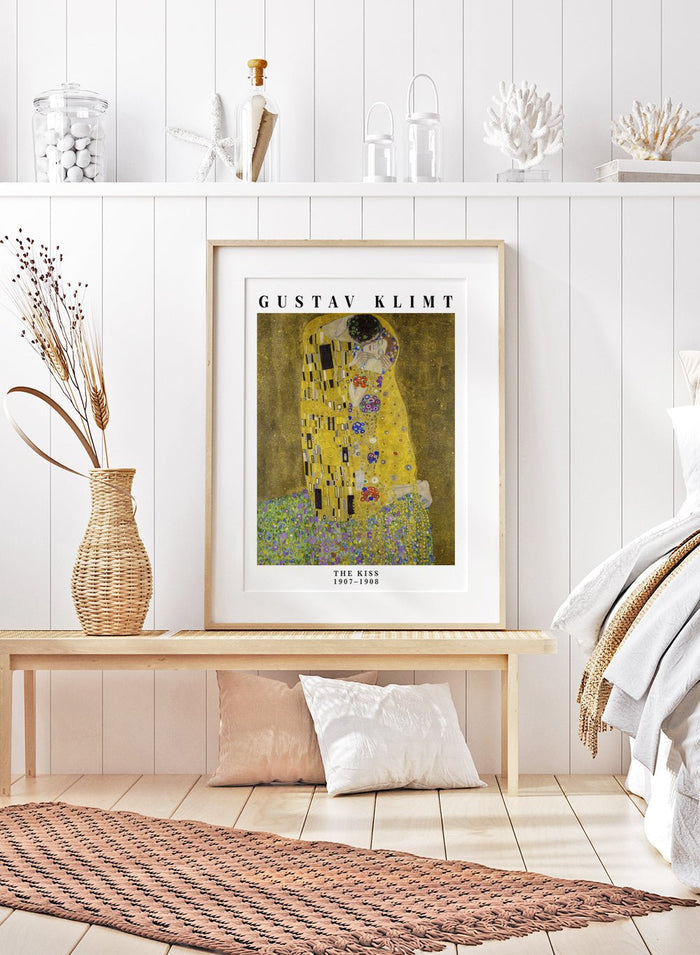 This fine art print of The Kiss by Gustav Klimt brings together a mix of gold textures, geometric shapes, and a quiet, intimate moment between the two figures. The patterns are bold, but the overall mood feels soft and inviting. Klimt balanced detail and simplicity in a way that makes the artwork feel both decorative and emotional. It’s a strong choice if you want a print that adds depth, warmth, and a sense of history to your space without making it feel heavy.