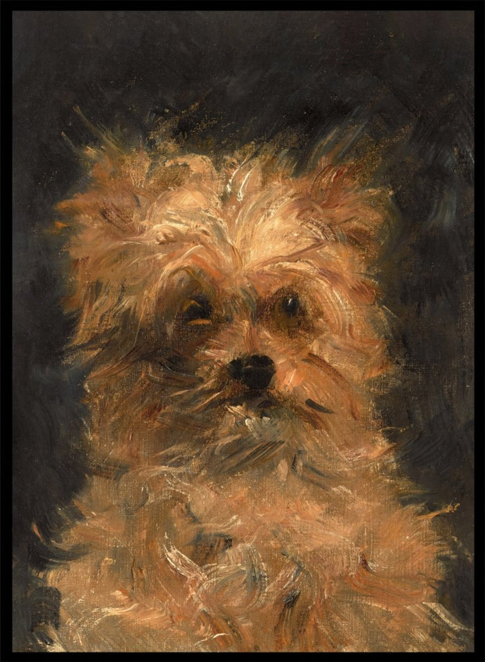 A painted portrait of a small fluffy dog, likely a terrier mix, rendered in warm tan, cream, and brown brushstrokes against a dark charcoal background. Head of the Dog "Bob" by Édouard Manet is a vintage dog portrait print featuring a scruffy terrier's face in warm brown tones, a French oil painting print for dog lovers.