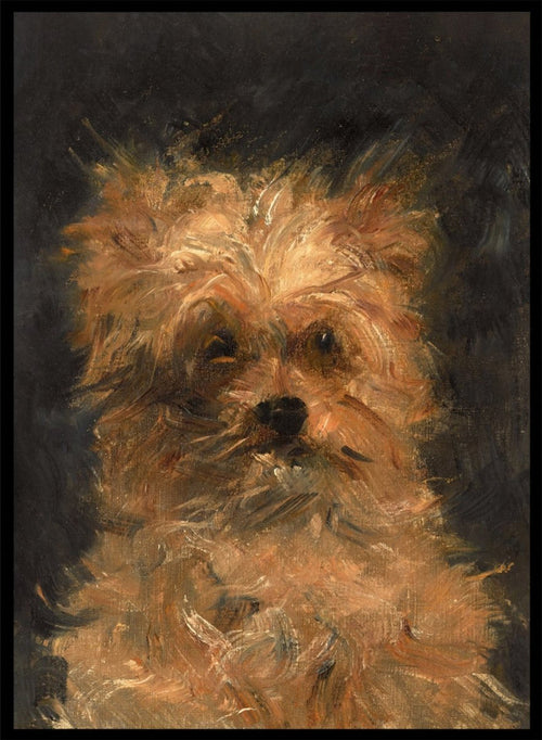 A painted portrait of a small fluffy dog, likely a terrier mix, rendered in warm tan, cream, and brown brushstrokes against a dark charcoal background. Head of the Dog "Bob" by Édouard Manet is a vintage dog portrait print featuring a scruffy terrier's face in warm brown tones, a French oil painting print for dog lovers.