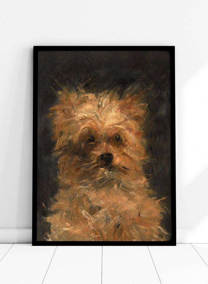 A painted portrait of a small fluffy dog, likely a terrier mix, rendered in warm tan, cream, and brown brushstrokes against a dark charcoal background. Head of the Dog "Bob" by Édouard Manet is a vintage dog portrait print featuring a scruffy terrier's face in warm brown tones, a French oil painting print for dog lovers.