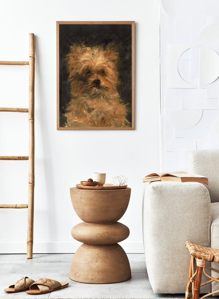 A painted portrait of a small fluffy dog, likely a terrier mix, rendered in warm tan, cream, and brown brushstrokes against a dark charcoal background. Head of the Dog "Bob" by Édouard Manet is a vintage dog portrait print featuring a scruffy terrier's face in warm brown tones, a French oil painting print for dog lovers.