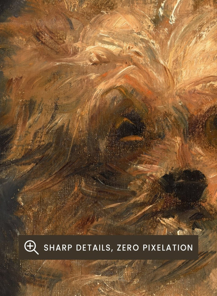 A painted portrait of a small fluffy dog, likely a terrier mix, rendered in warm tan, cream, and brown brushstrokes against a dark charcoal background. Head of the Dog "Bob" by Édouard Manet is a vintage dog portrait print featuring a scruffy terrier's face in warm brown tones, a French oil painting print for dog lovers.