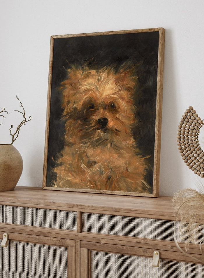 A painted portrait of a small fluffy dog, likely a terrier mix, rendered in warm tan, cream, and brown brushstrokes against a dark charcoal background. Head of the Dog "Bob" by Édouard Manet is a vintage dog portrait print featuring a scruffy terrier's face in warm brown tones, a French oil painting print for dog lovers.