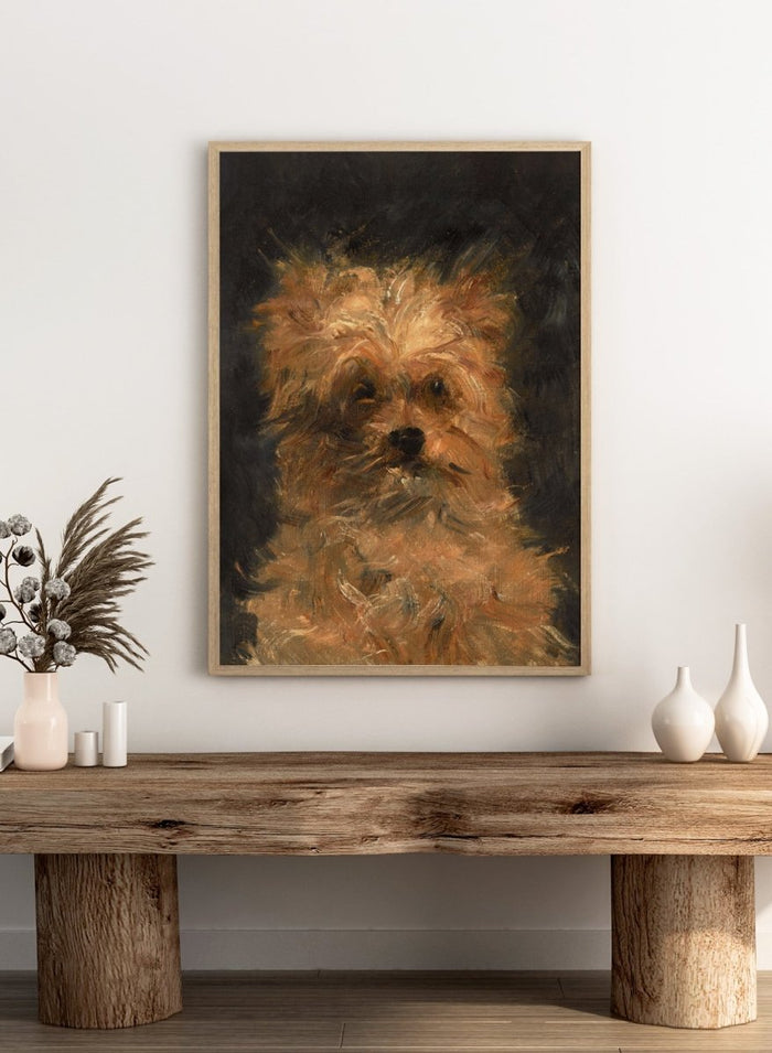 A painted portrait of a small fluffy dog, likely a terrier mix, rendered in warm tan, cream, and brown brushstrokes against a dark charcoal background. Head of the Dog "Bob" by Édouard Manet is a vintage dog portrait print featuring a scruffy terrier's face in warm brown tones, a French oil painting print for dog lovers.