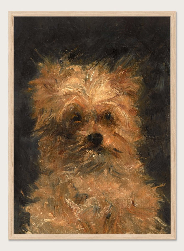 A painted portrait of a small fluffy dog, likely a terrier mix, rendered in warm tan, cream, and brown brushstrokes against a dark charcoal background. Head of the Dog "Bob" by Édouard Manet is a vintage dog portrait print featuring a scruffy terrier's face in warm brown tones, a French oil painting print for dog lovers.