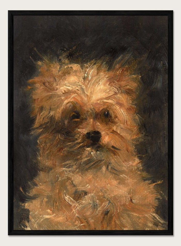 A painted portrait of a small fluffy dog, likely a terrier mix, rendered in warm tan, cream, and brown brushstrokes against a dark charcoal background. Head of the Dog "Bob" by Édouard Manet is a vintage dog portrait print featuring a scruffy terrier's face in warm brown tones, a French oil painting print for dog lovers.