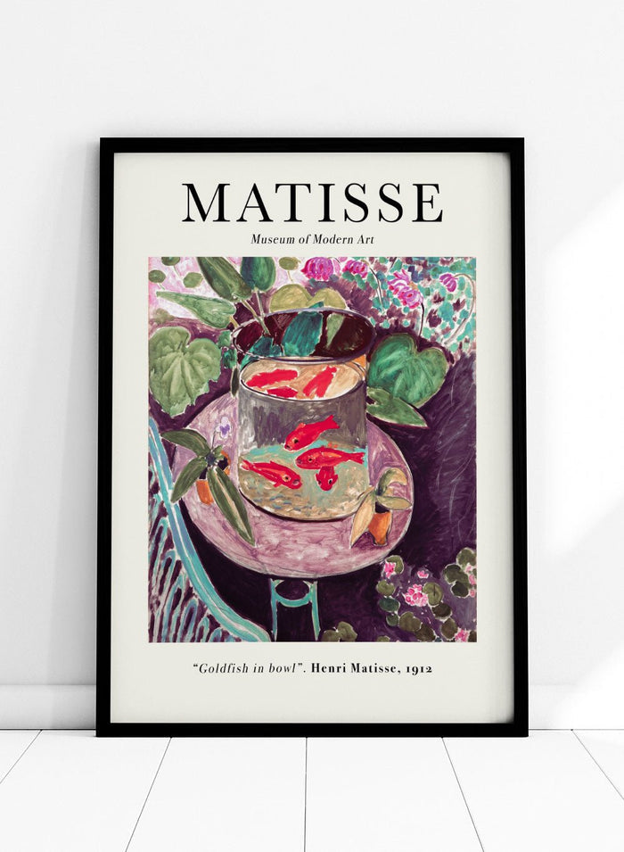 Featuring the original Henri Matisse's Artwork Goldfish in Bowl 1912 painting, this lithograph wall art print showcases classic vintage fauvism Matisse art. Featuring colorful art and text, this vintage exhibition poster by the Metropolitan Museum of Art is perfect for any boho, eclectic, retro, or minimalist space.