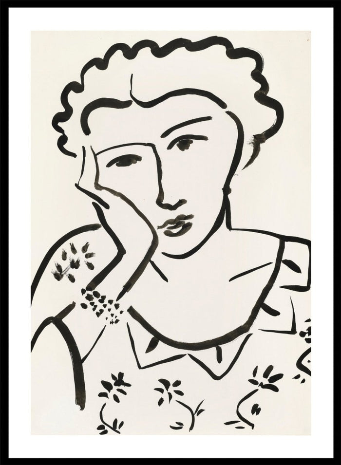 Black line art of a woman with floral patterns on a white background. Jeune Fille Accoudée by Henri Matisse is a minimalist portrait art print featuring expressive black linework, floral detailing, and refined French modernist design.