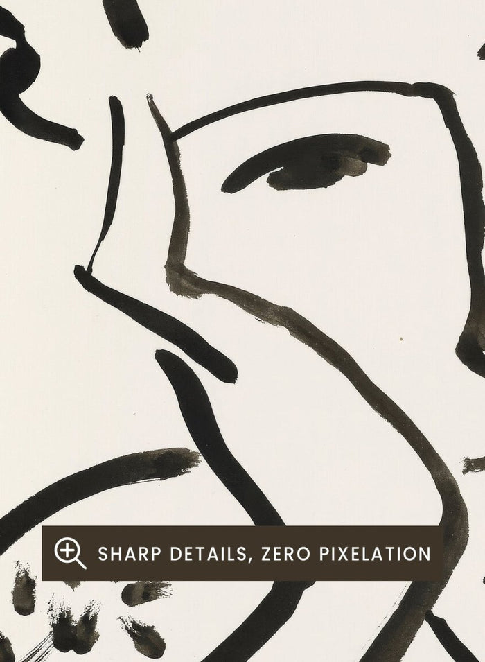 Black line art of a woman with floral patterns on a white background. Jeune Fille Accoudée by Henri Matisse is a minimalist portrait art print featuring expressive black linework, floral detailing, and refined French modernist design.