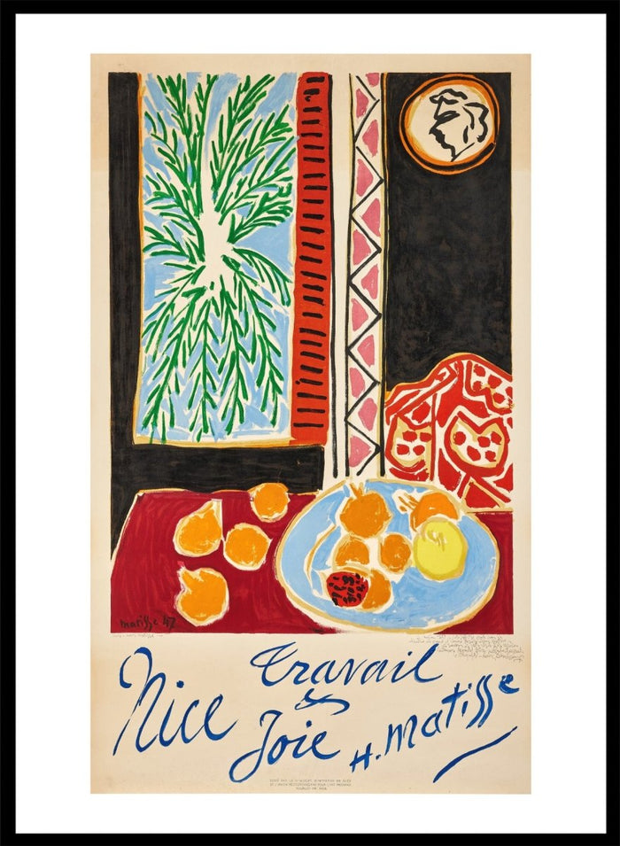 Colorful artwork with a table setting, oranges, and abstract elements on a beige background. Nice, Travail et Joie by Henri Matisse is a colorful 1947 art print featuring Mediterranean interiors, expressive linework, fruit still life details, and modern French design.