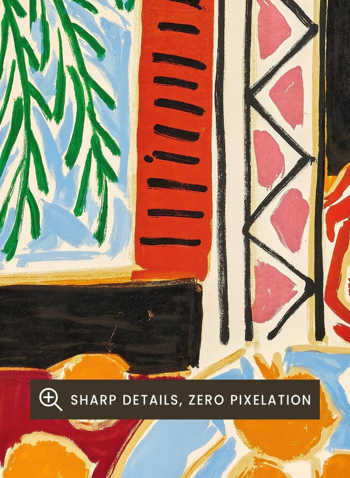 Colorful artwork with a table setting, oranges, and abstract elements on a beige background. Nice, Travail et Joie by Henri Matisse is a colorful 1947 art print featuring Mediterranean interiors, expressive linework, fruit still life details, and modern French design.