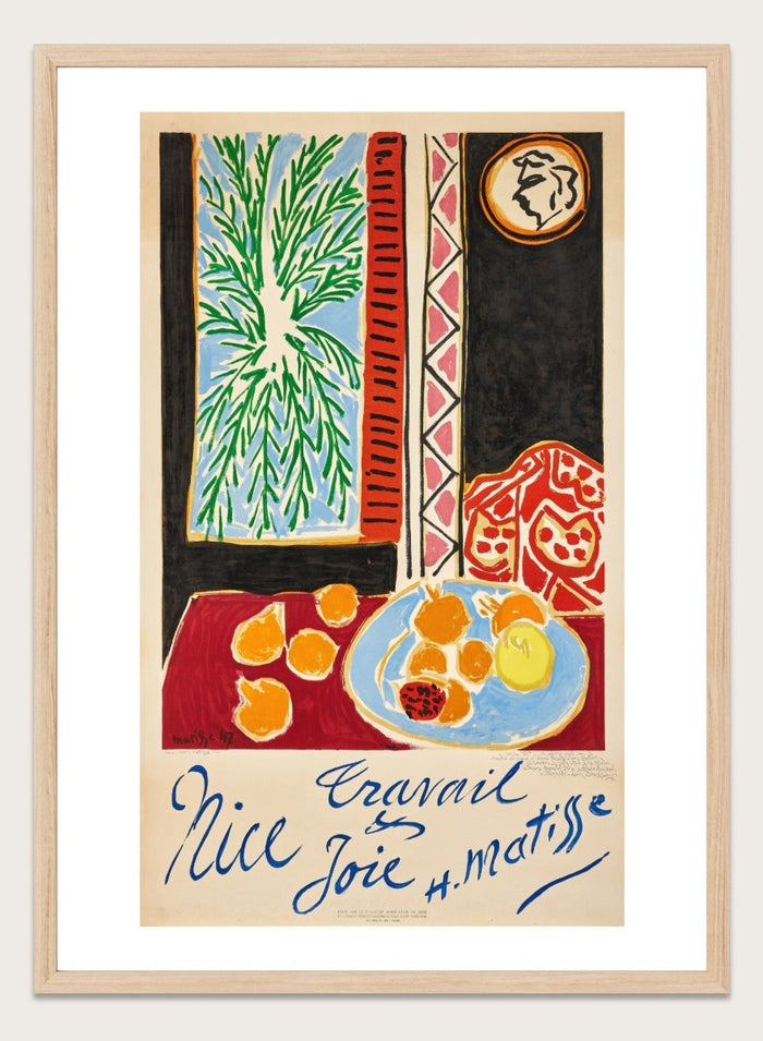 Colorful artwork with a table setting, oranges, and abstract elements on a beige background. Nice, Travail et Joie by Henri Matisse is a colorful 1947 art print featuring Mediterranean interiors, expressive linework, fruit still life details, and modern French design.