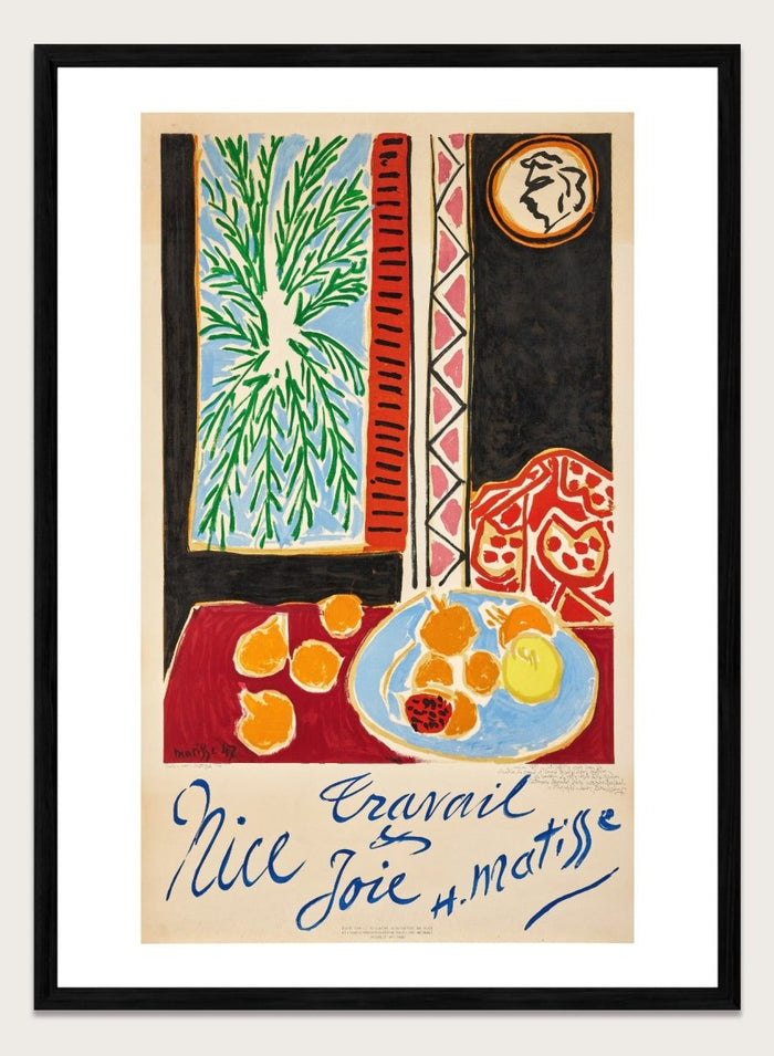Colorful artwork with a table setting, oranges, and abstract elements on a beige background. Nice, Travail et Joie by Henri Matisse is a colorful 1947 art print featuring Mediterranean interiors, expressive linework, fruit still life details, and modern French design.