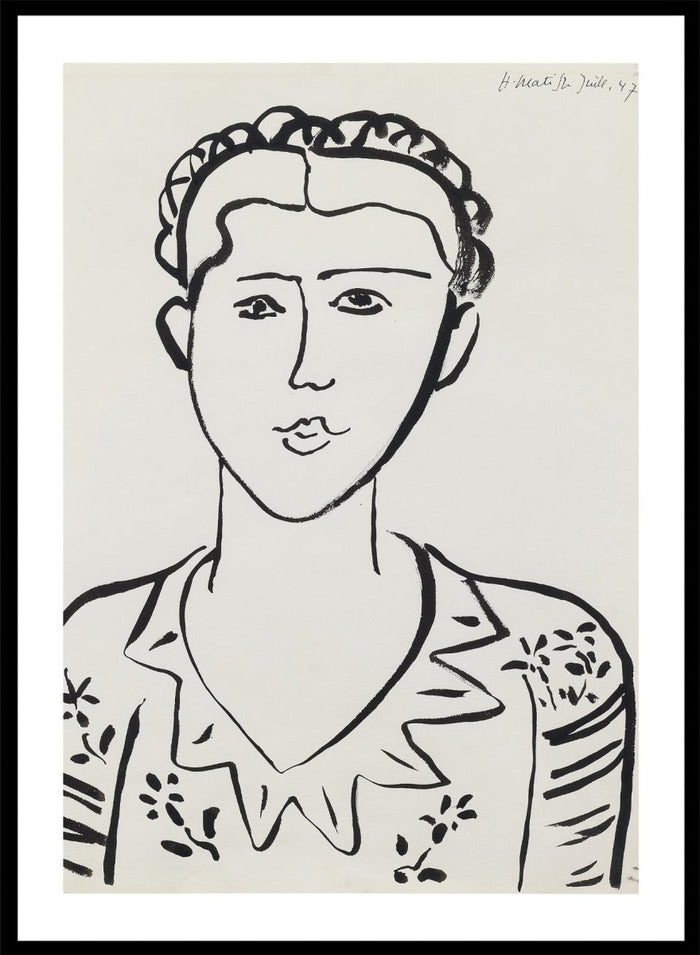 Black line drawing of a woman's portrait on a white background. Portrait de femme by Henri Matisse is a minimalist portrait art print featuring expressive black linework, modern French design, and iconic mid century style.