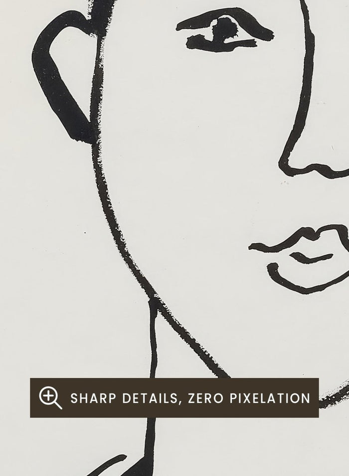 Black line drawing of a woman's portrait on a white background. Portrait de femme by Henri Matisse is a minimalist portrait art print featuring expressive black linework, modern French design, and iconic mid century style.