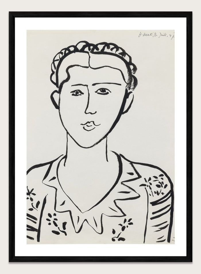 Black line drawing of a woman's portrait on a white background. Portrait de femme by Henri Matisse is a minimalist portrait art print featuring expressive black linework, modern French design, and iconic mid century style.