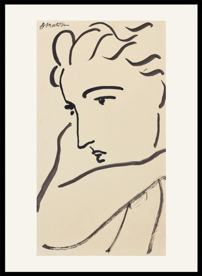Artistic line drawing of a profiled face on beige paper. Profil de femme by Henri Matisse is a minimalist portrait art print featuring expressive black linework, modern French design, and elegant abstract simplicity.