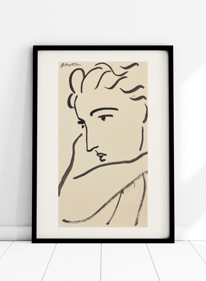 Artistic line drawing of a profiled face on beige paper. Profil de femme by Henri Matisse is a minimalist portrait art print featuring expressive black linework, modern French design, and elegant abstract simplicity.