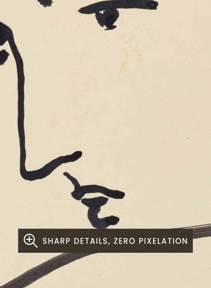 Artistic line drawing of a profiled face on beige paper. Profil de femme by Henri Matisse is a minimalist portrait art print featuring expressive black linework, modern French design, and elegant abstract simplicity.