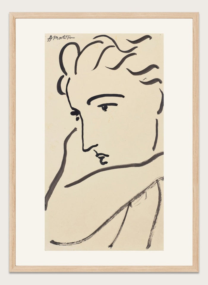 Artistic line drawing of a profiled face on beige paper. Profil de femme by Henri Matisse is a minimalist portrait art print featuring expressive black linework, modern French design, and elegant abstract simplicity.