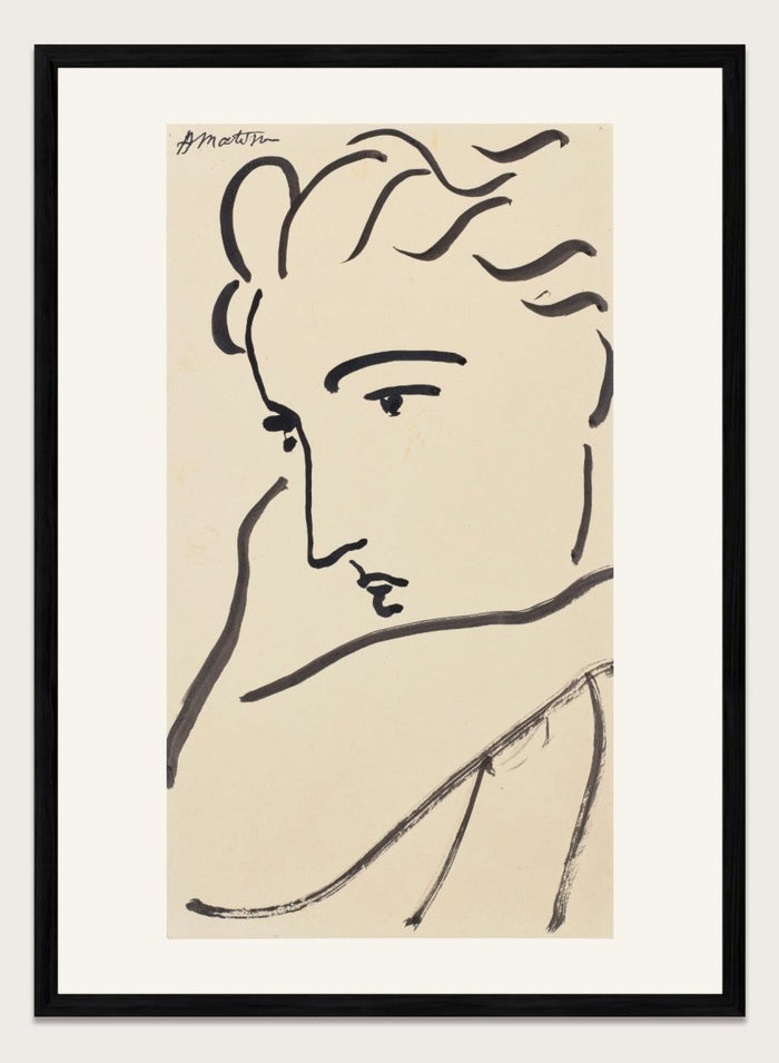 Artistic line drawing of a profiled face on beige paper. Profil de femme by Henri Matisse is a minimalist portrait art print featuring expressive black linework, modern French design, and elegant abstract simplicity.