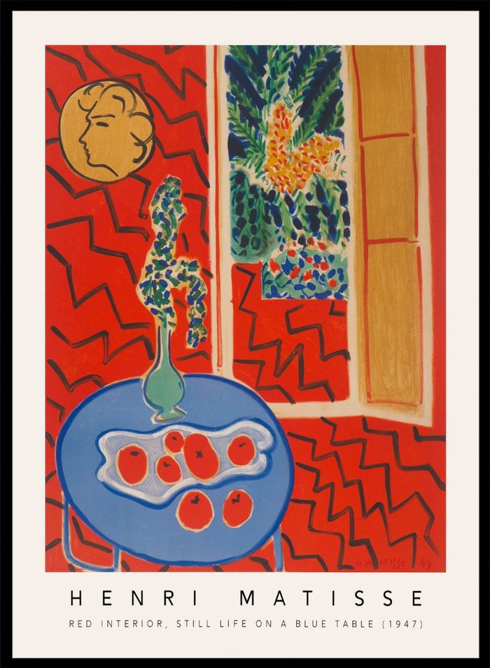 Artistic depiction of a still life scene with a blue table, vase, and fruit, by Henri Matisse. Red Interior, Still Life on a Blue Table by Henri Matisse is a 1947 modern art print featuring bold color, expressive interiors, floral still life details, and iconic French design.