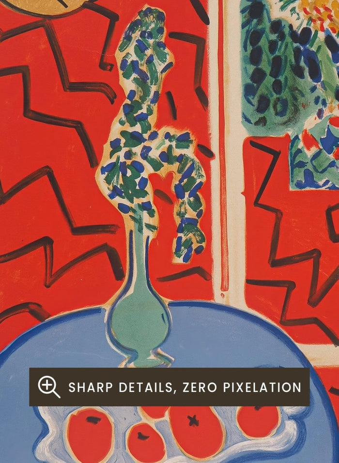 Artistic depiction of a still life scene with a blue table, vase, and fruit, by Henri Matisse. Red Interior, Still Life on a Blue Table by Henri Matisse is a 1947 modern art print featuring bold color, expressive interiors, floral still life details, and iconic French design.