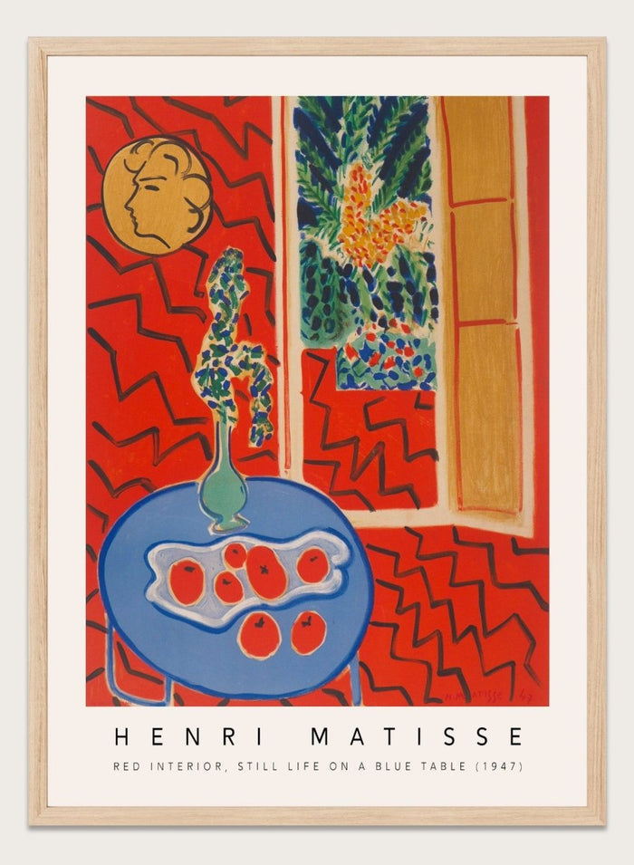 Artistic depiction of a still life scene with a blue table, vase, and fruit, by Henri Matisse. Red Interior, Still Life on a Blue Table by Henri Matisse is a 1947 modern art print featuring bold color, expressive interiors, floral still life details, and iconic French design.