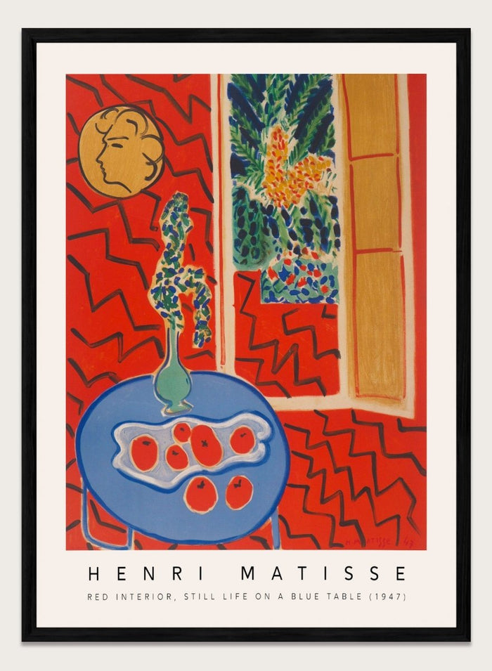 Artistic depiction of a still life scene with a blue table, vase, and fruit, by Henri Matisse. Red Interior, Still Life on a Blue Table by Henri Matisse is a 1947 modern art print featuring bold color, expressive interiors, floral still life details, and iconic French design.