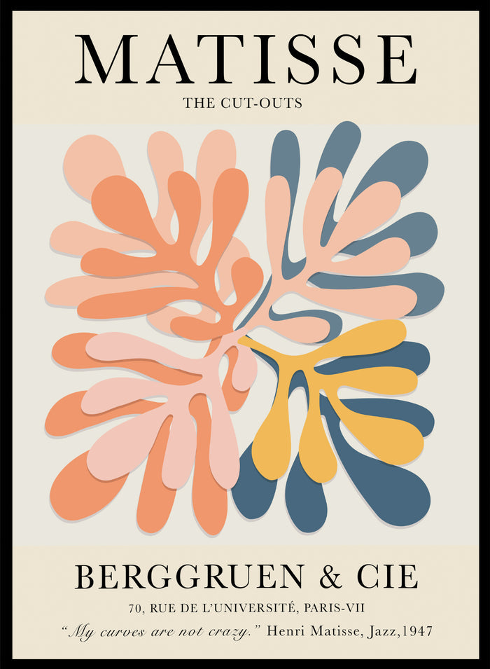 Inspired by Henri Matisse's Artwork The Cut-Outs, this lithograph wall art print showcases illustration of colorful leaves against beige background. Featuring abstract botanical art, this Papiers Découpés vintage exhibition poster by Berggruen & Cie is perfect for any boho, retro, minimalist, or nature-inspired space.