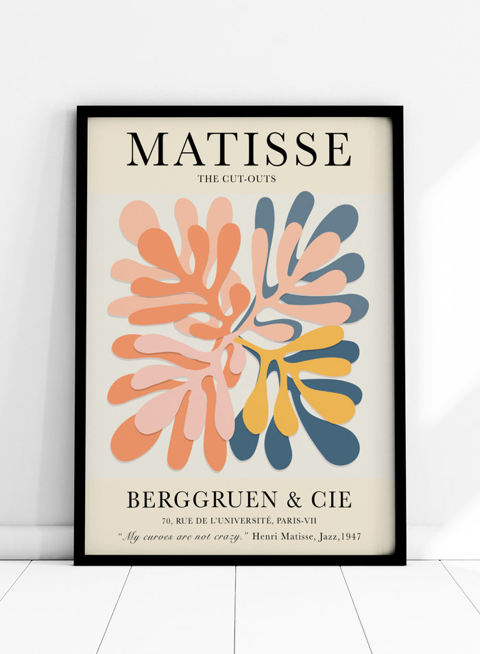 Inspired by Henri Matisse's Artwork The Cut-Outs, this lithograph wall art print showcases illustration of colorful leaves against beige background. Featuring abstract botanical art, this Papiers Découpés vintage exhibition poster by Berggruen & Cie is perfect for any boho, retro, minimalist, or nature-inspired space.