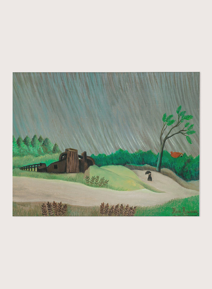 A framed landscape painting depicting a rainy day in a green valley with a small house, a lone tree, and a figure holding an umbrella. A Rainy Morning by Henri Rousseau is a vintage landscape art print featuring a rainy country road, umbrella figure, green fields, trees, and a rustic watermill.