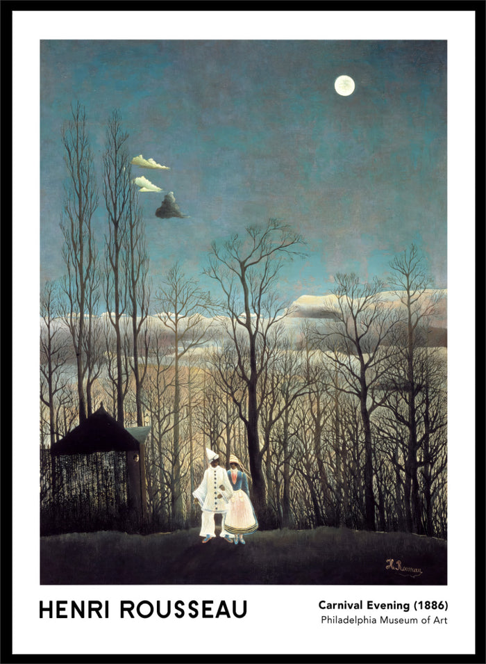 A framed art print of Henri Rousseau's 'Carnival Evening (1886)' painting, featuring a couple in a moonlit forest under a full moon. Carnival Evening by Henri Rousseau is a vintage landscape and portrait art print featuring a moonlit winter forest, costumed couple, bare trees, and deep blue sky.
