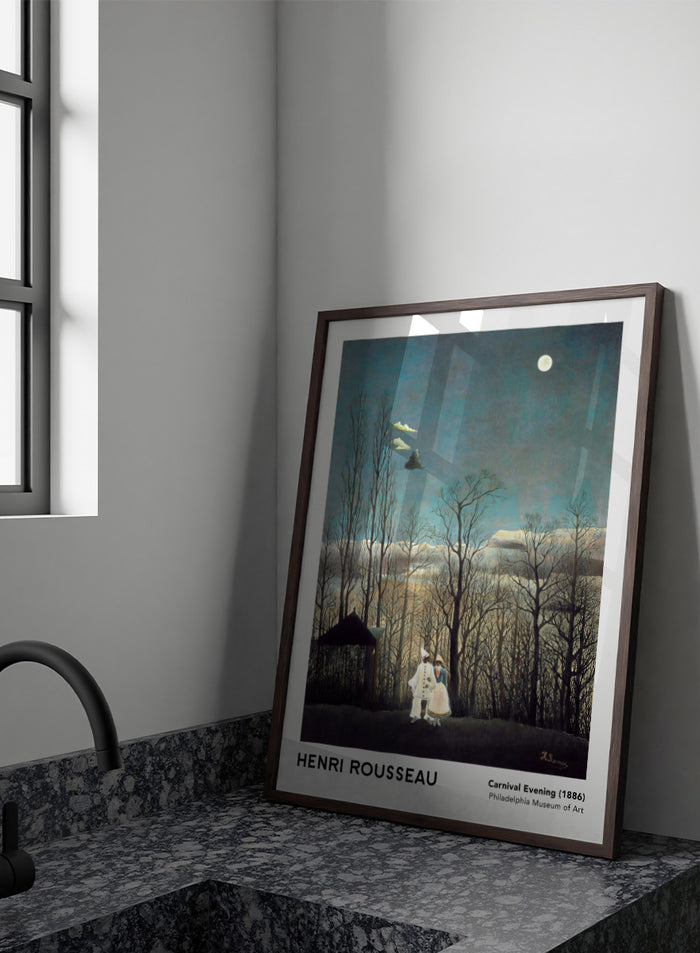 A framed art print of Henri Rousseau's 'Carnival Evening (1886)' painting, featuring a couple in a moonlit forest under a full moon. Carnival Evening by Henri Rousseau is a vintage landscape and portrait art print featuring a moonlit winter forest, costumed couple, bare trees, and deep blue sky.