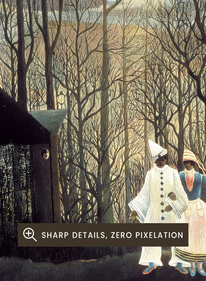 A framed art print of Henri Rousseau's 'Carnival Evening (1886)' painting, featuring a couple in a moonlit forest under a full moon. Carnival Evening by Henri Rousseau is a vintage landscape and portrait art print featuring a moonlit winter forest, costumed couple, bare trees, and deep blue sky.
