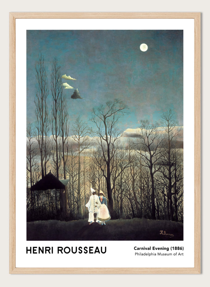 A framed art print of Henri Rousseau's 'Carnival Evening (1886)' painting, featuring a couple in a moonlit forest under a full moon. Carnival Evening by Henri Rousseau is a vintage landscape and portrait art print featuring a moonlit winter forest, costumed couple, bare trees, and deep blue sky.