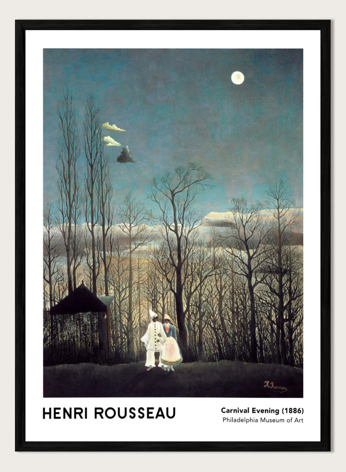 A framed art print of Henri Rousseau's 'Carnival Evening (1886)' painting, featuring a couple in a moonlit forest under a full moon. Carnival Evening by Henri Rousseau is a vintage landscape and portrait art print featuring a moonlit winter forest, costumed couple, bare trees, and deep blue sky.