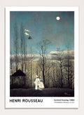 A framed art print of Henri Rousseau's 'Carnival Evening (1886)' painting, featuring a couple in a moonlit forest under a full moon. Carnival Evening by Henri Rousseau is a vintage landscape and portrait art print featuring a moonlit winter forest, costumed couple, bare trees, and deep blue sky.