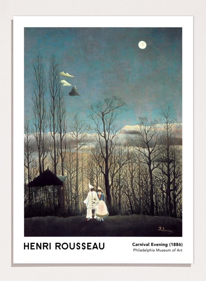 A framed art print of Henri Rousseau's 'Carnival Evening (1886)' painting, featuring a couple in a moonlit forest under a full moon. Carnival Evening by Henri Rousseau is a vintage landscape and portrait art print featuring a moonlit winter forest, costumed couple, bare trees, and deep blue sky.