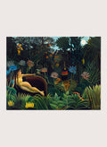 A framed art print depicting a lush, surreal jungle scene with a reclining nude woman in a boat, colorful flowers, birds, and animals under a full moon. The Dream by Henri Rousseau is a vintage jungle art print featuring a reclining woman, lush tropical plants, lions, flowers, and a moonlit forest.