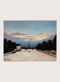The Eiffel Tower by Henri Rousseau is a vintage Paris landscape art print featuring the Seine, Eiffel Tower, riverboats, city trees, and a blue sunset sky.