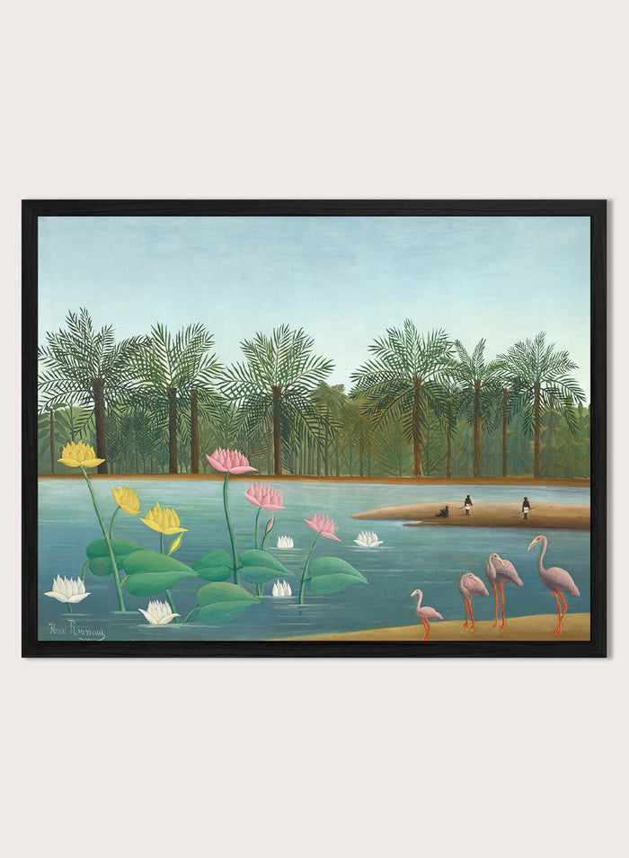 Shop The Flamingoes by Henri Rousseau, a vintage tropical nature landscape and animal art print featuring pink flamingoes, lotus flowers, palms, and blue water.