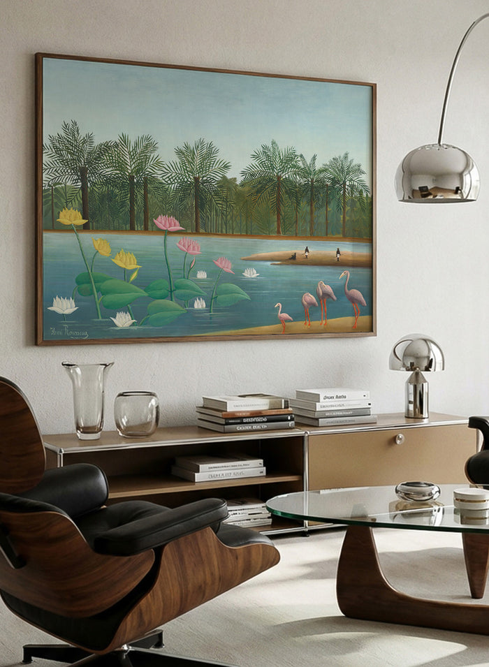 Shop The Flamingoes by Henri Rousseau, a vintage tropical nature landscape and animal art print featuring pink flamingoes, lotus flowers, palms, and blue water.