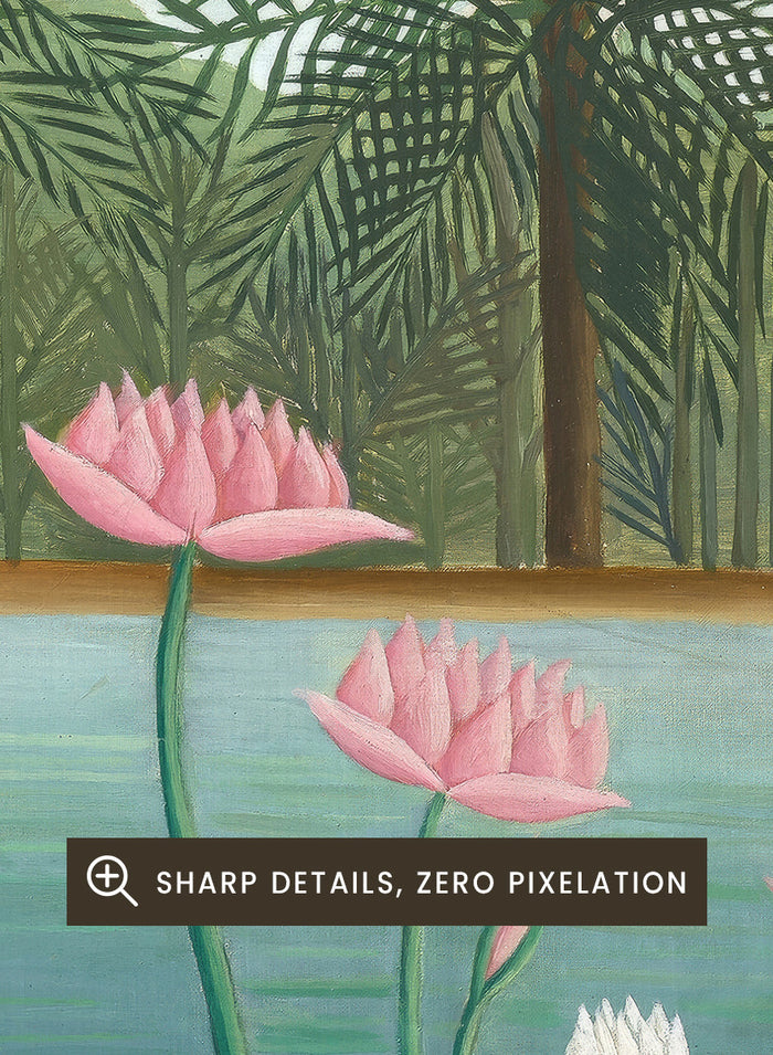 Shop The Flamingoes by Henri Rousseau, a vintage tropical nature landscape and animal art print featuring pink flamingoes, lotus flowers, palms, and blue water.