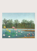 Shop The Flamingoes by Henri Rousseau, a vintage tropical nature landscape and animal art print featuring pink flamingoes, lotus flowers, palms, and blue water.