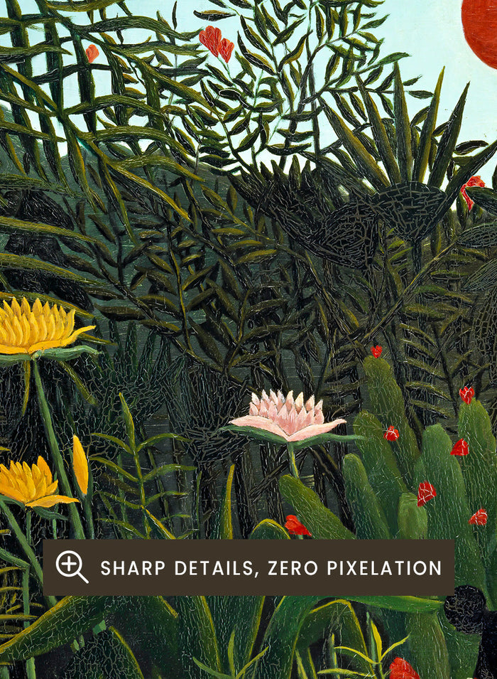 A framed art print depicting a lush, stylized jungle scene with dense green foliage, a small figure, and a bright red sun against a pale sky. Virgin Forest with Sunset by Henri Rousseau is a vintage jungle art print featuring lush tropical foliage, bright flowers, wildlife, and a red setting sun.