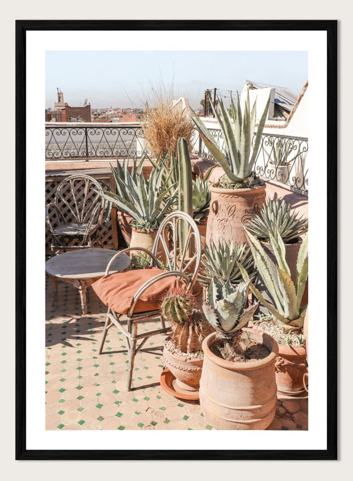 Potted plants on a balcony with a cityscape in the background. Moroccan Cactus Patio by Henrike Schenk captures a Moroccan rooftop terrace with cacti, terracotta pots, and desert-inspired photography wall art.