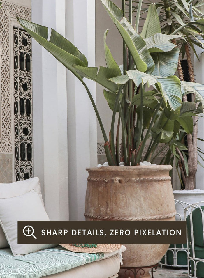Outdoor patio with white sofa, green chairs, and potted plants in a decorative courtyard. Moroccan Riad Courtyard Oasis by Henrike Schenk is a Morocco photography print of a riad courtyard with tropical plants, tilework, and interior decor.